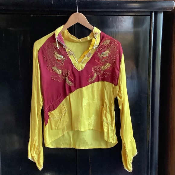 Vintage Tops - Antique Embroidered Brocade Asian Dragon Shirt